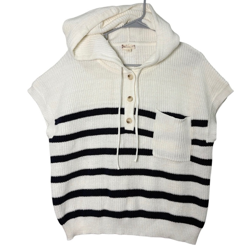 Hem & Thread Sweater Hoodie Women Large White Navy Striped Cap Sleeve Henley